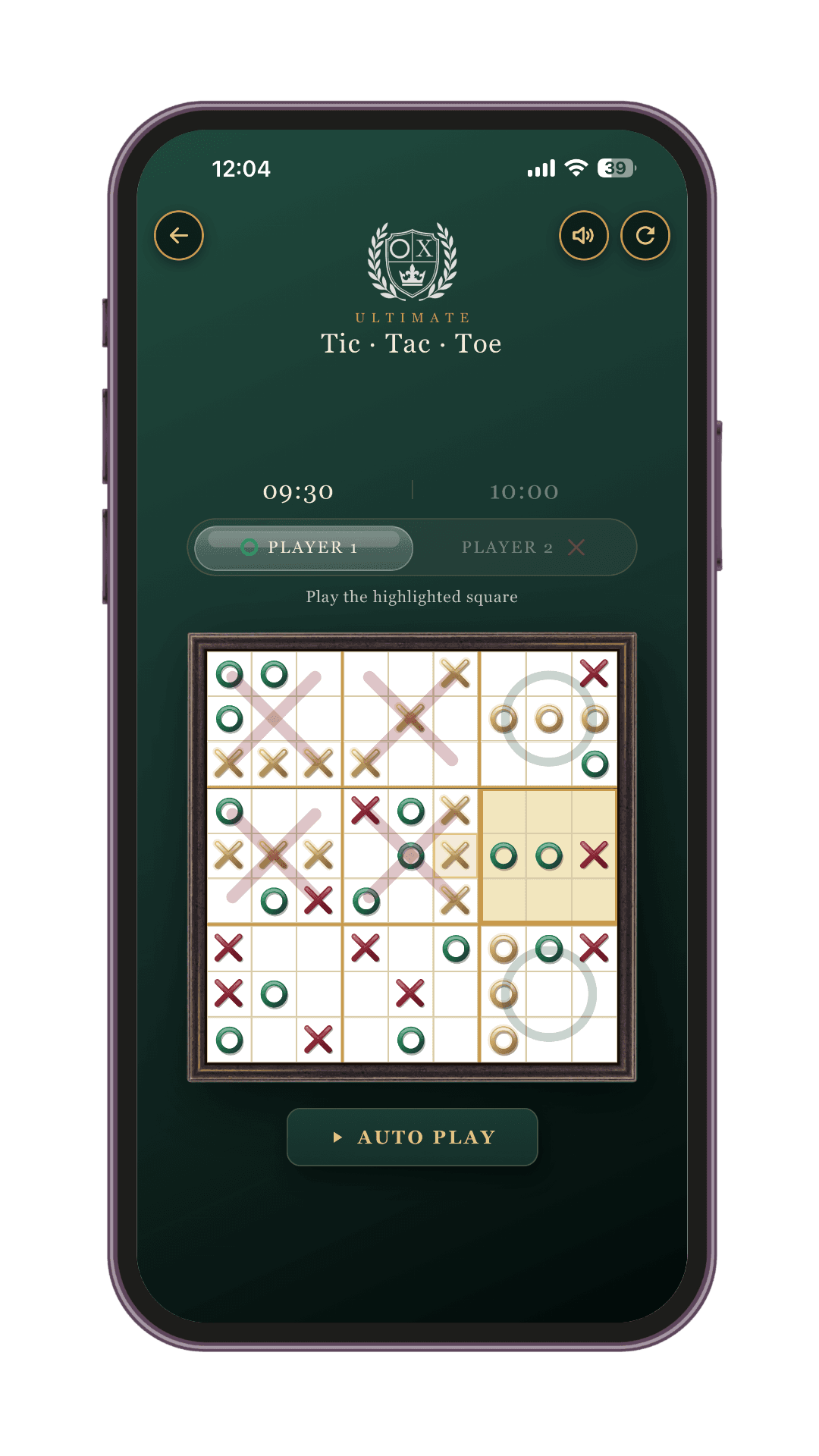 Ultimate Tic Tac Toe on iPhone — a ranked match in progress