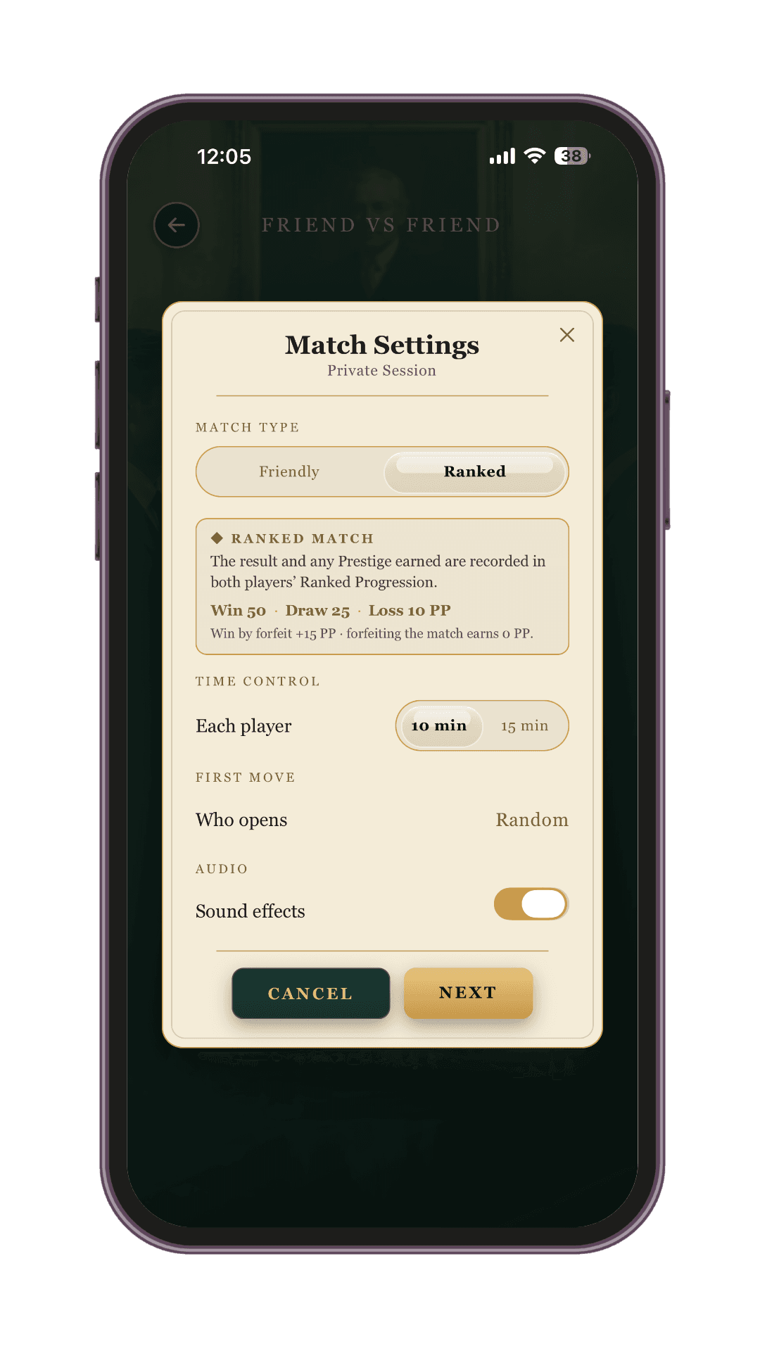 Match settings in Ultimate Tic Tac Toe showing friendly or ranked match type, Prestige stakes, time control, and first-move options