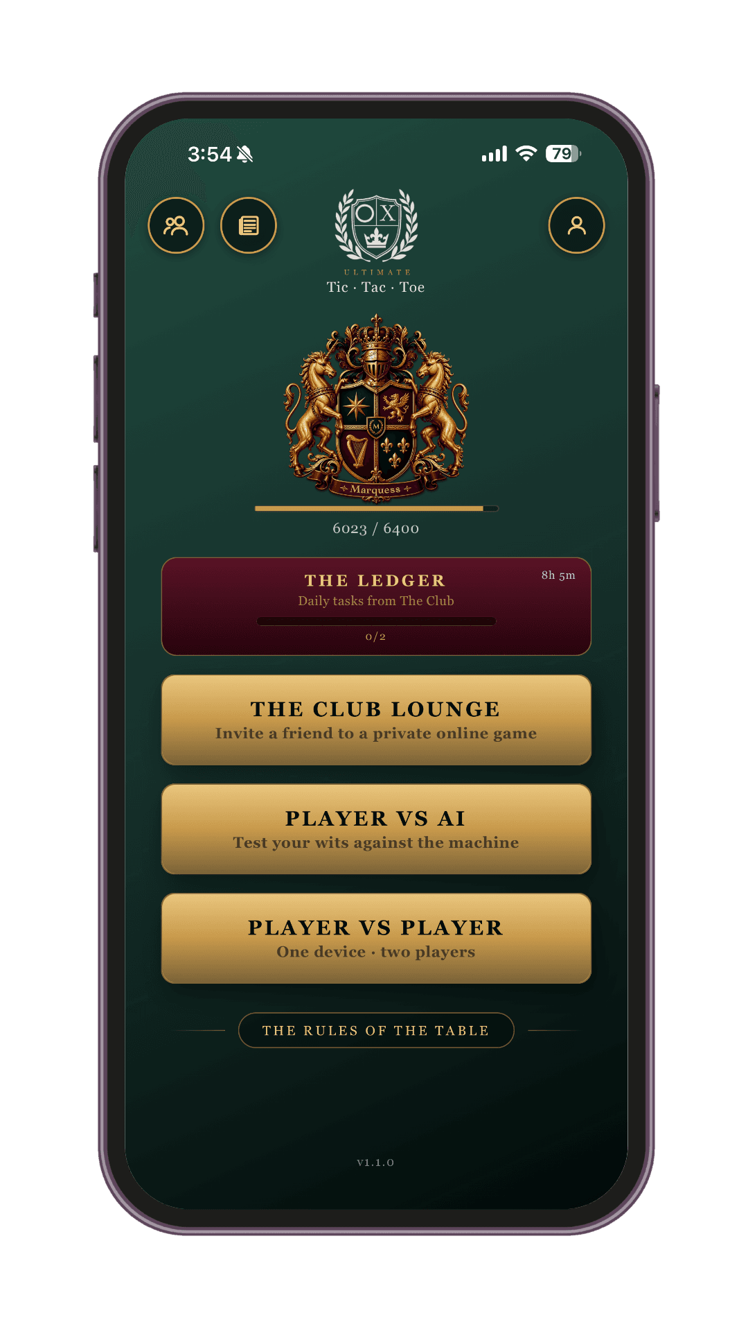 The Ultimate Tic Tac Toe app main menu — online, AI, and pass-and-play modes
