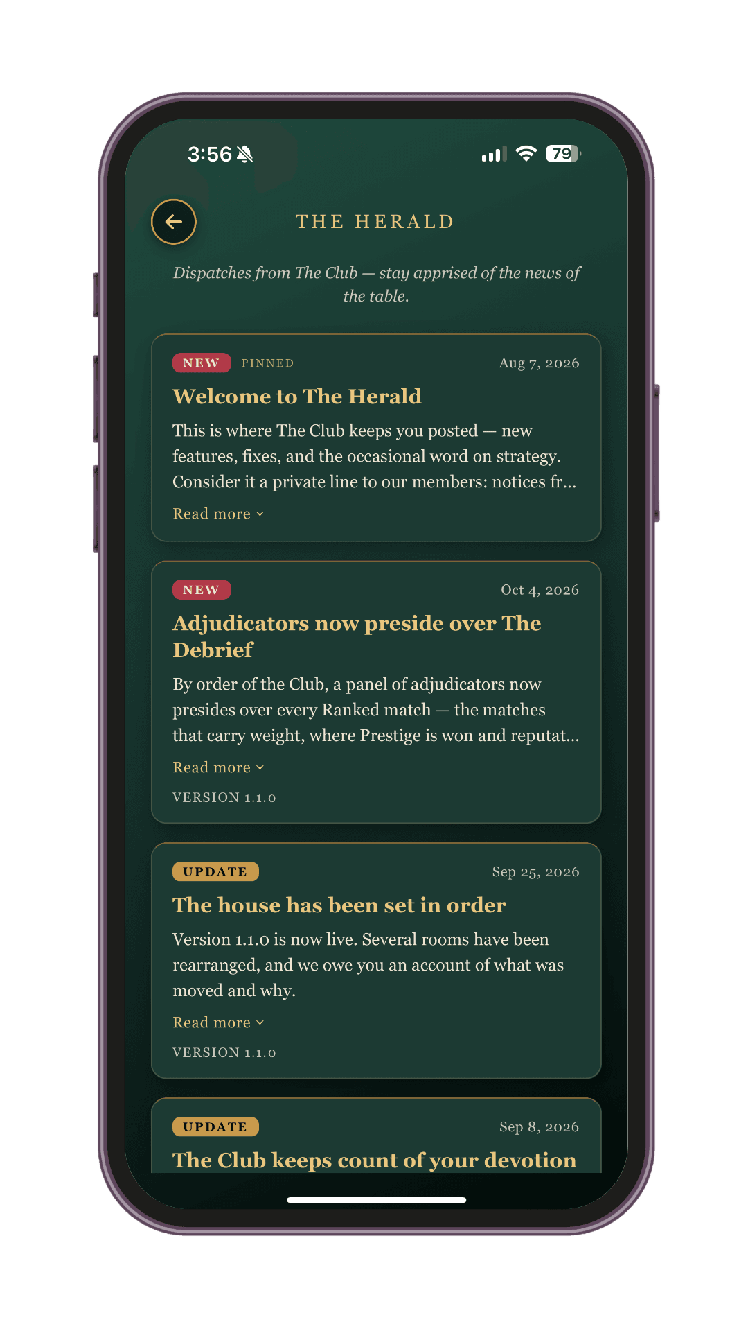 The Herald news feed in the Ultimate Tic Tac Toe app with pinned dispatches from The Club about new features and strategy